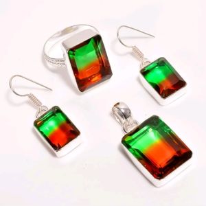 STERLING SILVER BI COLOR TOURMALINE PENDANT, EARRINGS AND RING SET